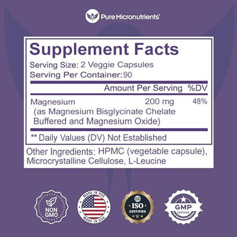 Pure Micronutrients - Suplemento de Magnésio Glicinato Puro Micronutrients 200mg, 180 Cápsulas