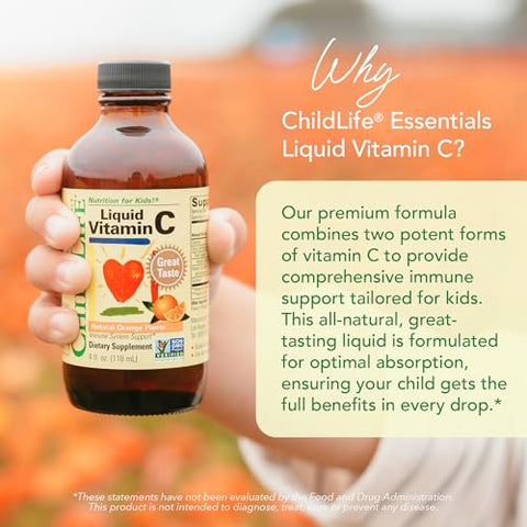 Vitamina C Líquida Lipossomal, Pura e para Crianças – Suporte ao Sistema Imunológico – Sabor Natural de Laranja – 120ml - CHILDLIFE ESSENTIALS