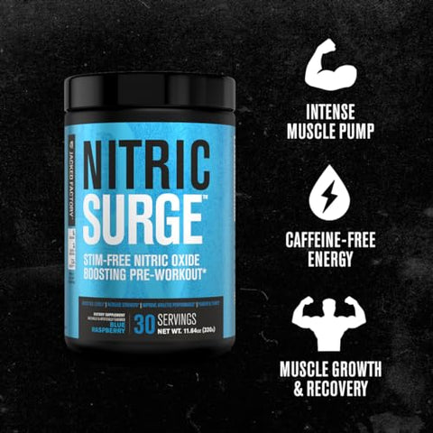 Jacked Factory - Nitric Surge – Pó Pré-Treino Estimulante Sem Cafeína – Suplemento de Óxido Nítrico com Con-Cret Creatina e L Citrulina