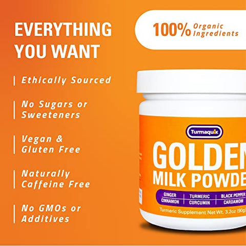 Golden Milk Latte Orgânico – Mistura de Superfoods de Cúrcuma, Gengibre, Pimenta Preta, Curcumina, Canela, Cardamomo – Não-OGM, Vegano, Keto, Ayurvédico (90g) - Turmaquik
