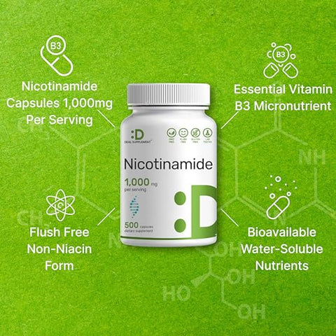 DEAL SUPPLEMENT - Vitamina B3 Nicotinamida 1.000mg Por Porção – 500 Cápsulas, Niacina Livre de Rubor, B3 Essencial – Suporta uma Pele Saudável