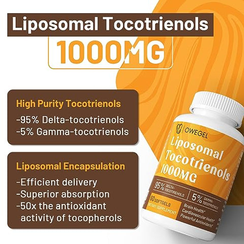 owegel - Suplemento de Tocotrienóis Lipossomais 1000mg – Alta Bioacessibilidade de Vitamina E Tocotrienóis, 95% Delta