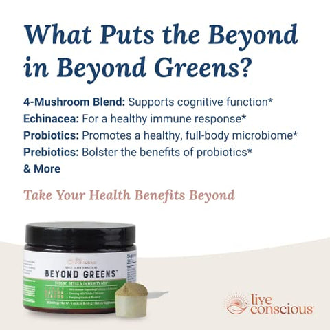 Beyond Greens Pó Concentrado de Superfood – Sabor Matcha com Chlorella, Equinácea e Probióticos para Suporte Imunológico | 100g - Live Conscious
