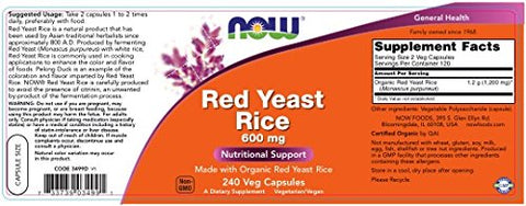 Arroz Vermelho 600 mg, 240 Comprimidos (Embalagem de 1) – Red Yeast Rice, Saúde Cardiovascular, Colesterol, Natural, 600mg, 240 Unidades - NOW Foods
