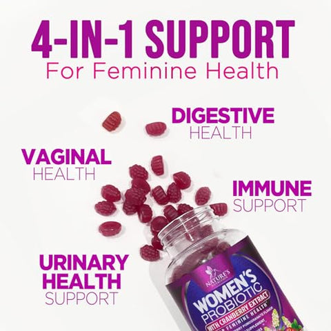 Nature's Nutrition - Probiótico em Goma para Mulheres – Suporte à Saúde Digestiva, 3 Bilhões de UFC Probiótico Feminino para pH Vaginal, Urinário