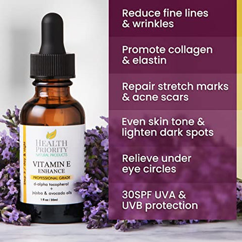 Health Priority Natural Products - Óleo de Vitamina E Orgânico Health Priority para a Pele – 100% Natural e Hidratante | 30ml
