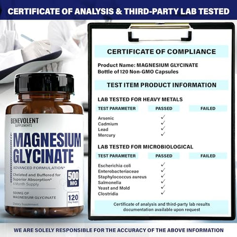 Benevolent Nourishment - Cápsulas de Magnésio Glicinato Premium 500mg Fórmula de Alta Absorção Quelato Glicinato Amortecido para Apoiar Digestão, Osso, Sono