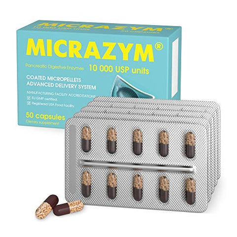Micrazym - AVVA Pharmа Enzimas Pancreáticas – 10.000 USP Suplementos Enzimáticos Pancreáticos Eficazes – Enzimas Digestivas para Digestão – 50 Cápsulas de Ação Rápida com Amilase, Lipase e Protease