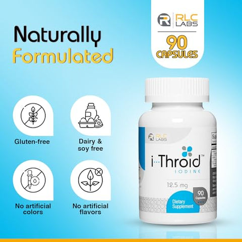 RLC Labs - Suplemento RLC, i-Throid 12,5 mg, Iodeto e Iodeto para Suporte à Saúde da Tireoide e Equilíbrio Hormonal, 90 cápsulas (90 porções)