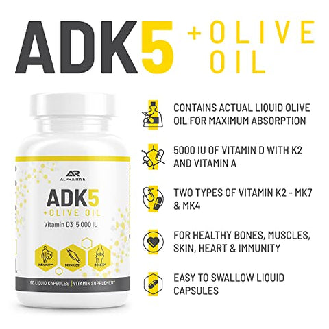 ALPHA RISE - ADK Suplemento de Vitamina em Óleo de Oliva para Melhor Absorção | ADK 5 Suplemento com Vitamina A D e K | 5000 UI de Vitamina D3 K2 (MK7 MK4) | 90 Cápsulas Líquidas | Vegetariano |