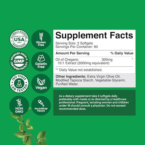 Natures Craft - Óleo de Orégano Selvagem Vegano em Cápsulas – Óleo de Orégano Super Concentrado em Cápsulas com Equivalente Herbal de 3000mg e Mínimo de 70% de Carvacrol para Desintoxicação Intestinal, Cardíaca e Suporte Imunológico – Vegano