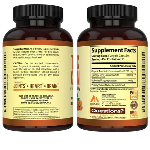 Cúrcuma Curcumina com BioPerine 1300mg e Pimenta Preta – Suplemento Nutricional para Suporte Articular – Cápsulas de Raiz de Cúrcuma 100% Herbal - Arazo Nutrition