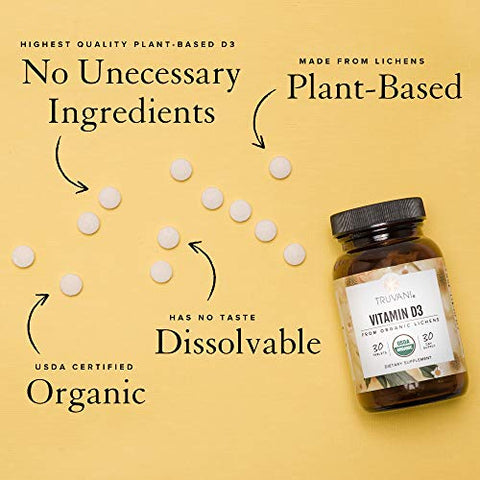 Vitamina D3 Orgânica – Baseada em Plantas, Certificada USDA Orgânica, Livre de Glúten, Não-OGM, Suplemento Vegano D3 – Suporta os Ossos, Imunidade - Truvani