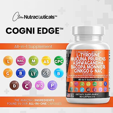L-Tyrosine 1000mg Mucuna Pruriens 6000mg Bacopa Monnieri 500mg Ashwagandha 4000mg Focus Supplement com N-Acetil Cisteína 600mg NAC 5-HTP Ginkgo Biloba Alpha - Clean Nutraceuticals