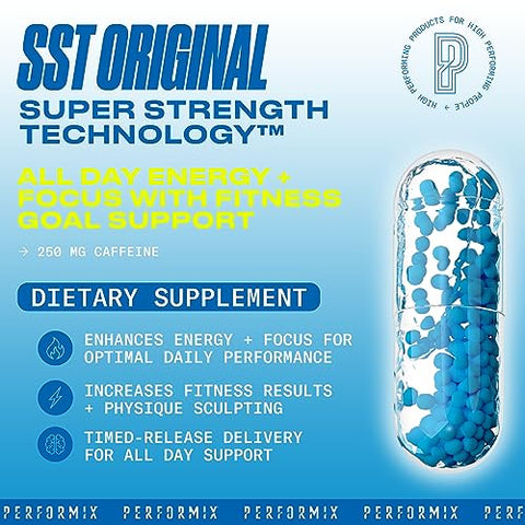 SST Original – Pré-treino – 250 mg Cafeína – Suplementos Energéticos – Sem Queda – Metas de Fitness – Nootrópico – Liberação Controlada para Foco e Disposição o Dia Todo - PERFORMIX