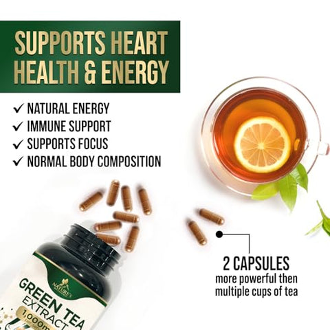 Nature's Nutrition - Extrato de Chá Verde em Cápsulas para Perda de Peso 1000mg 98%% Padronizado em EGCG – 3X Mais Potente para Energia Natural – Suporta a Saúde Antioxidante do Coração com Polifenóis, Suplemento Herbal Vegano