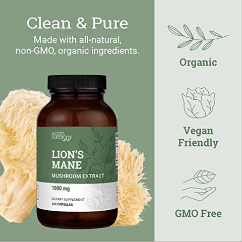 Earth Harmony Naturals - Suplemento Orgânico de Leão da Montanha (1000mg), Extrato de Suplemento de Cogumelo Leão da Montanha para Apoiar o Foco e a Memória, Suplemento Cerebral Nootrópico (120 Cápsulas)