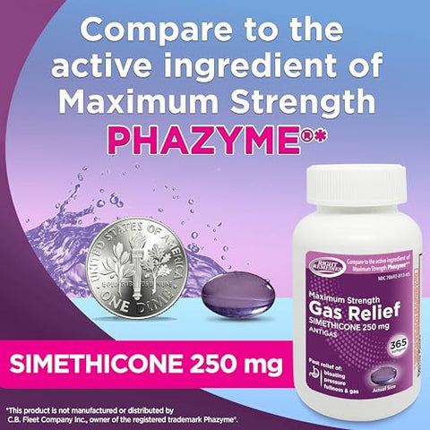 RIGHT REMEDIES - Alívio Máximo de Gases, Simeticona 250 mg, (365 Softgels), Rápido Alívio de Gases, Inchaço, Plenitude, Desconforto Doloroso, Comparado ao Ingrediente Ativo de Máxima Força Phazyme