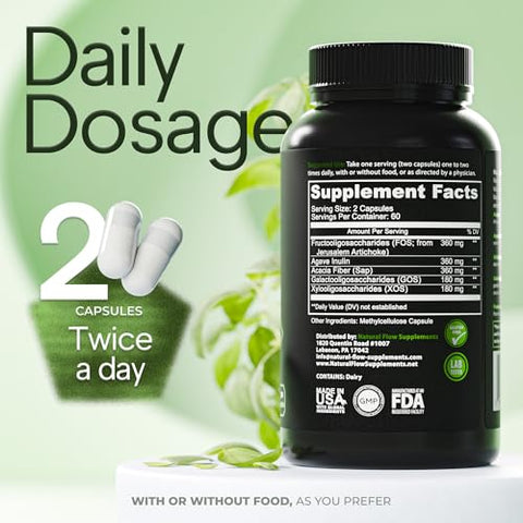 Natural Flow Supplements - Fibra Prebiótica 5 em 1 Cápsulas – Natural Flow 5X Fibra XOS, GOS, FOS, Acácia e Inulina de Agave, Fórmula Diária de Fibra Solúvel para Suporte Intestinal e Estímulo de Bactérias Benéficas