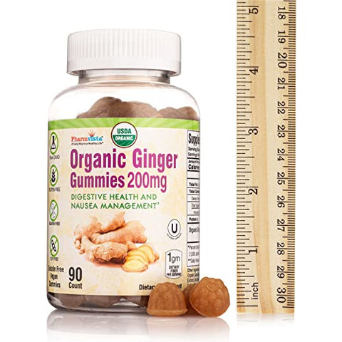 Pharmvista - Gengibre Orgânico USDA 200mg 90 Unidades para Controle de Náuseas e Saúde Digestiva – Marca Gummies