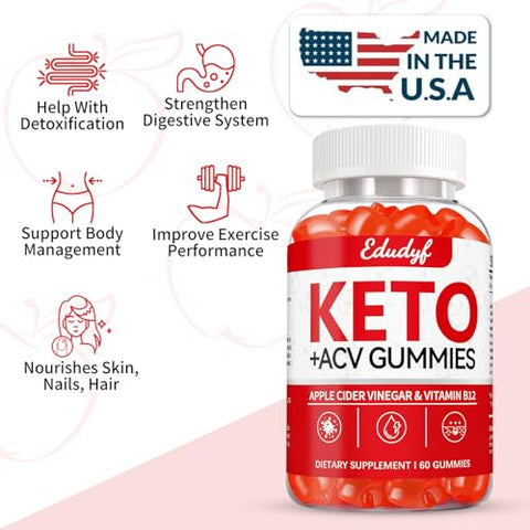 Elgin - EDUDYF Keto ACV Gummies – 60 Unidades Sem Glúten, Sem Gelatina – Gomas de Vinagre de Maçã com B12 para Suporte Keto, Sabor Único, Suplemento em Frasco Prático