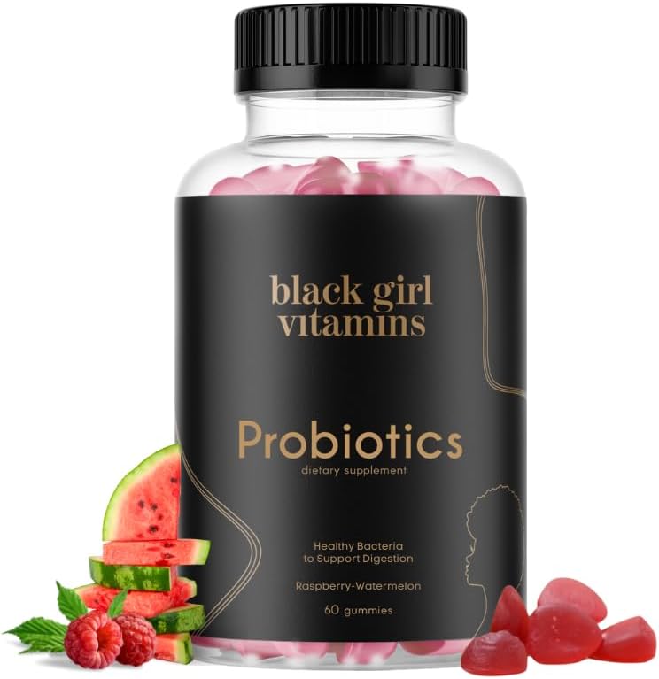 Black Girl Vitamins - Vitaminas Black Girl – Gomas Probióticas para Saúde Digestiva e Suporte Imunológico, Vitaminas Livres de Glúten (Framboesa-Melancia), 60 unidades