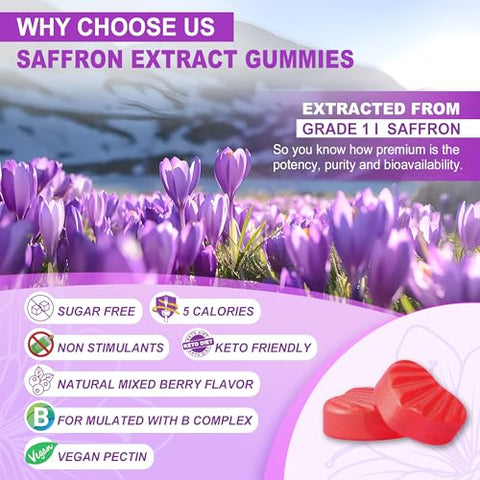 NEVISS - Gummies de Açafrão – Gummies de Suplemento de Açafrão 100% Extrato Puro de Açafrão em Gummies de Ervas Inteiras com Mel para o Humor