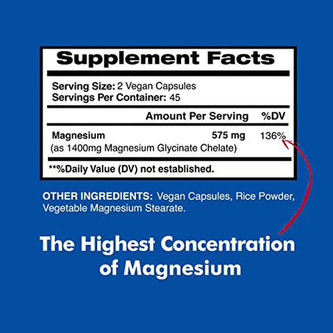 Magnesium Glycinate 575mg por Porção, 90 Cápsulas Vegetais, Suplemento de Magnésio para os Ossos - American Standard Supplements