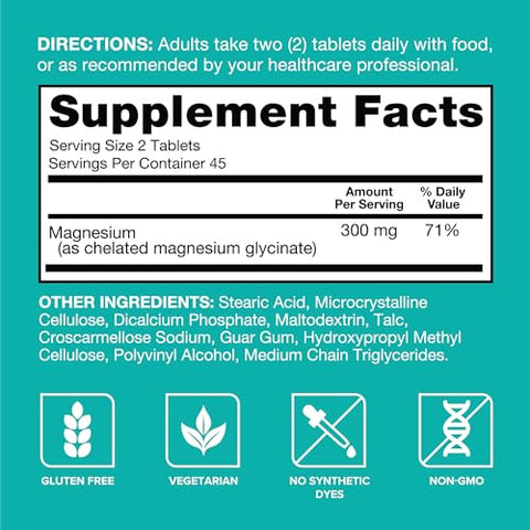 Magnesium Glycinate 300mg – Suplemento de Magnésio Glicinato 100%% Quelato, 90 comprimidos - Qunol