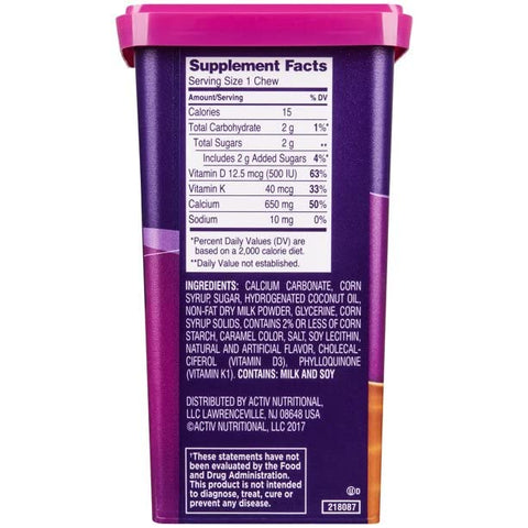 Cálcio + D, Soft Chews, Caramelo – 100 unidades, Pacote com 5 – Comprimidos mastigáveis macios para fortalecer ossos e dentes - Viactiv