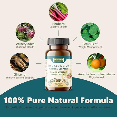 DR. HERBAL WELL - 10 Dias Detox Natural Cleanse com Facilidade – 60 Mini Softgels