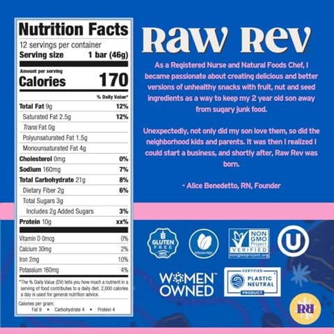 Raw Rev Glo - Barras Veganas de Alta Proteína Raw Rev, Sabor Brownie de Chocolate Duplo, 10g de Proteína Vegetal, 12g de Fibra, Não-OGM, 45g, 12 Unidades (Pacote de 1)