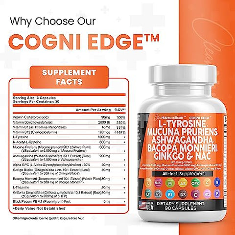 L-Tyrosine 1000mg Mucuna Pruriens 6000mg Bacopa Monnieri 500mg Ashwagandha 4000mg Focus Supplement com N-Acetil Cisteína 600mg NAC 5-HTP Ginkgo Biloba Alpha - Clean Nutraceuticals