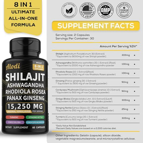 Alodi - Sea Moss Shilajit Ultra Wellness Bundle – Shilajit 9000mg Ashwagandha 2000mg Ginseng Rhodiola Cordyceps Sea Moss 3000mg Black Seed Turmeric Bladderwrack Burdock Root (60 cápsulas)