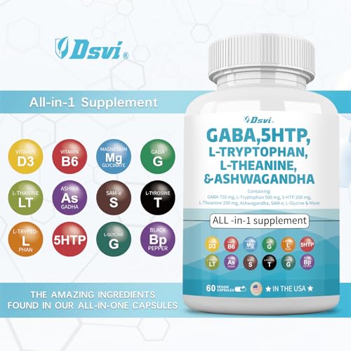 DSVI - 60 Cápsulas GABA 750mg 5 HTP 200mg L Triptofano 500mg L Teanina 200mg Ashwagandha 3000mg SAM-e L-Glicina Vitaminas de Suporte ao Humor para Mulheres e Homens com L-Tirosina Fabricado nos EUA
