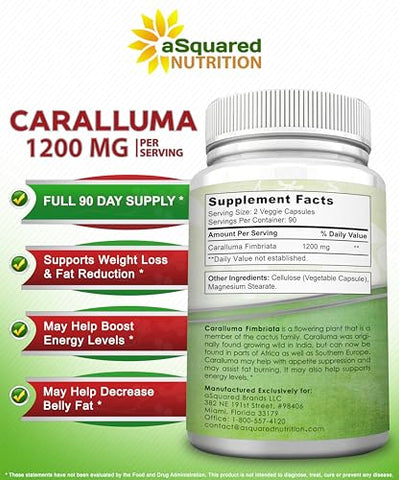 Caralluma Fimbriata 1200mg – 180 Cápsulas, Suplemento Natural para Perda de Peso, Supressor de Apetite à Base de Extrato de Raiz de Planta - aSquared Nutrition