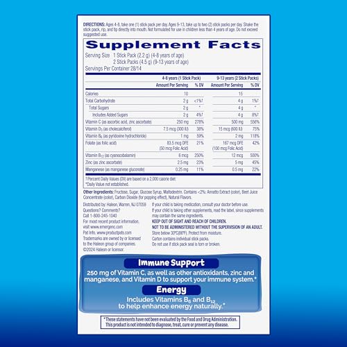 Kidz Immune Plus Crystals – Suplemento de Suporte Imunológico On-The-Go com Vitamina C, Vitamina D, Vitaminas do Complexo B, Zinco e Manganês, Sabor Tropical Punch – 28 Sachês Stick - Emergen-C