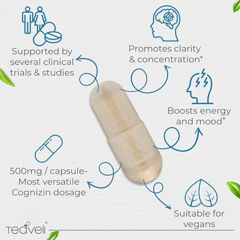 Teaveli - Cognizin Citicoline – 500mg Suplemento de CDP Colina – Estudo Clínico Comprovado para Apoiar Clareza, Concentração e Memória – Forma Mais Bioacessível de Colina – Marca Cognizin