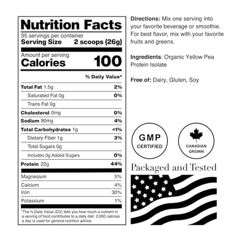 Proteína Isolada de Ervilha Premium – 100% Vegana e Orgânica – Sem Sabor – 2 Libras (1 Pacote) – 35 Porções - NorCal Organic