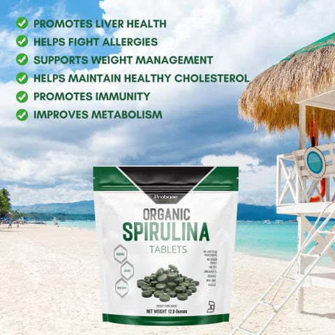Probase Nutrition - Suplemento Orgânico de Spirulina, 3000MG Por Porção, Aprox. 720 Comprimidos (4 Meses de Fornecimento), Rico em Prebióticos
