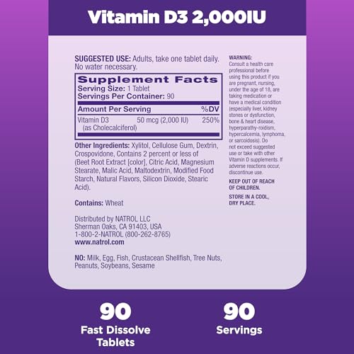 Suplemento de Vitamina D3 2.000 UI de Dissolução Rápida para Saúde Óssea e Articular – Suporte Ósseo – 90 Comprimidos – Fornecimento de 90 Dias - Natrol