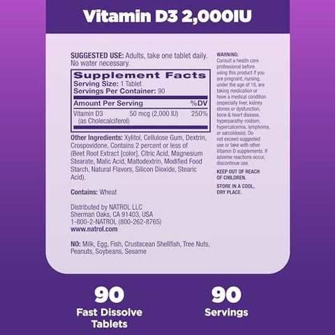 Suplemento de Vitamina D3 2.000 UI de Dissolução Rápida para Saúde Óssea e Articular – Suporte Ósseo – 90 Comprimidos – Fornecimento de 90 Dias - Natrol