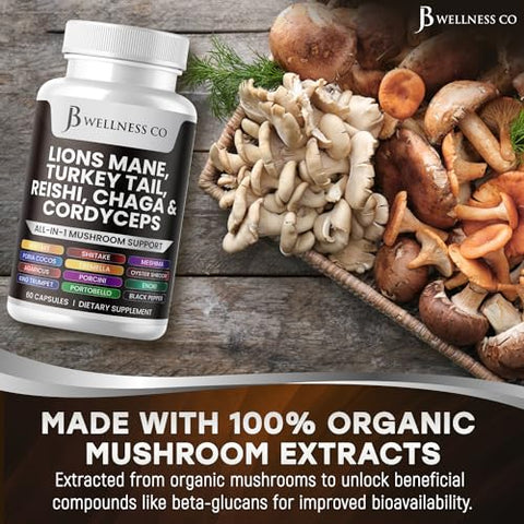 JB Wellness Co - Lions Mane 3000mg + Turkey Tail 2000mg + Reishi 1000mg + Cordyceps 1000mg + Chaga 1000mg + Marshmallow Root 180 Cápsulas | Suporte Cognitivo e Imunológico | Saúde com 20in1 Cogumelo | Marca em Destaque