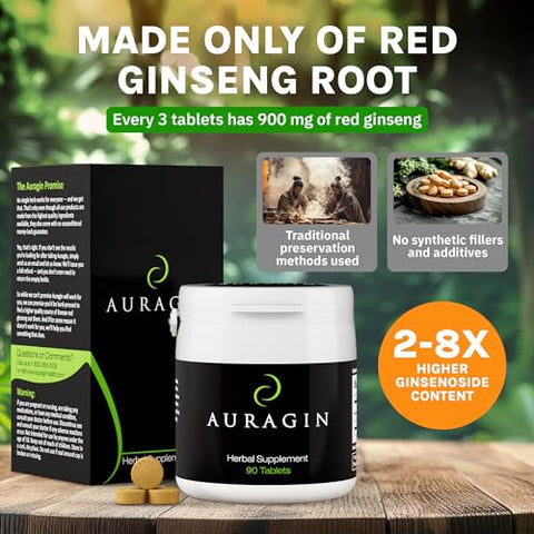 Ginseng Vermelho Coreano Autêntico – Produzido na Coreia – Raízes de 6 Anos – Sem Aditivos ou Outros Ingredientes – 100% Ginseng Panax Vermelho em Cada Comprimido - Auragin