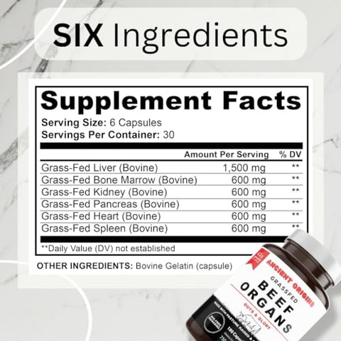 Ancient Origins - Suplemento de Órgãos de Carne Bovina Alimentada com Capim – Fígado Desidratado, Medula Óssea, Coração, Baço, Pâncreas – 4500mg