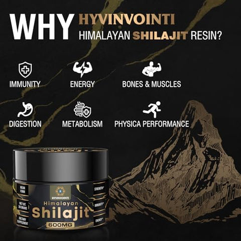 HYVINVOINTI - Shilajit Resina Orgânica Pura do Himalaia 600mg – Grau Ouro, Energia e Vitalidade