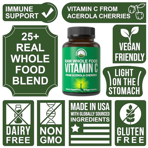 Cápsulas de Vitamina C Natural de Acerola para Máxima Absorção. Suplemento Vegano de Vitamina C dos EUA. 90 Comprimidos. 500 mg por Porção ou 2 Porções - Peak Performance