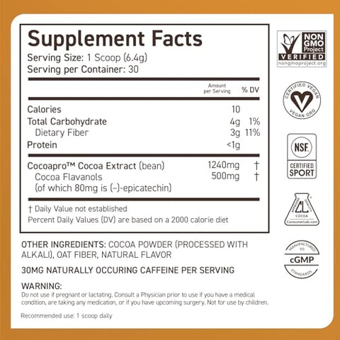 Pó de Cacau para Saúde Cardiovascular, 30 Porções, 500mg de Flavanóis de Cacau, Apoio à Saúde do Coração, Aumenta Óxido Nítrico, Melhora Circulação, Energia, Pré-treino, Vegano, Chocolate Amargo - CocoaVia