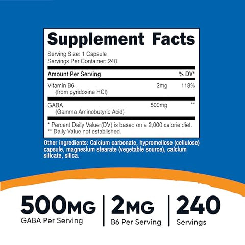 GABA (Ácido Gama-Aminobutírico) Vitamina B6, 500mg por Porção, 240 Cápsulas - Nutricost
