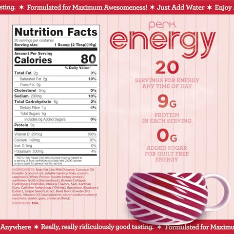 Energy Original Mistura para Bebida de Pretzel de Chocolate Branco e Hortelã-Pimenta (20 Porções) – Sem Glúten, Sem Soja, Sem Amendoim - Perk